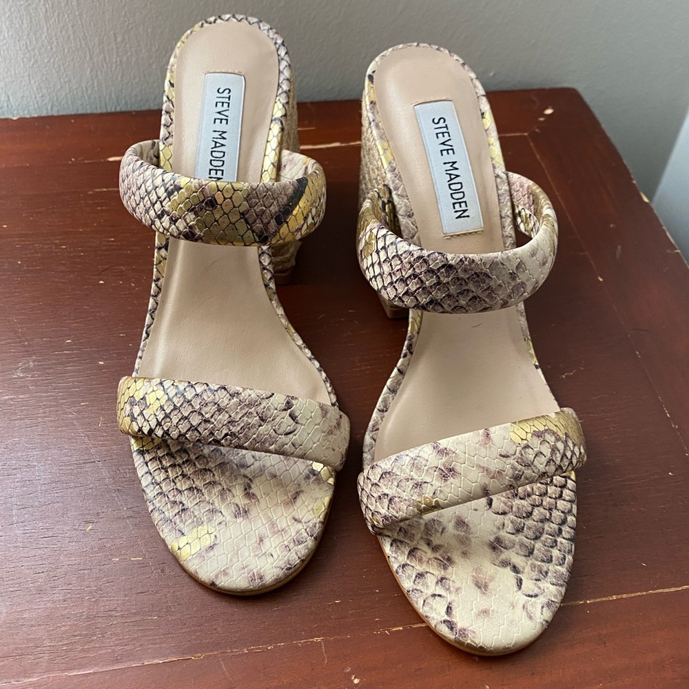 Steve Madden Marcella Gold Snake Leather Espadrille High Heel Sandals Size 6